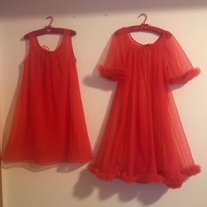 Vintage Lisette Red Nightgown + Peignoir set MED